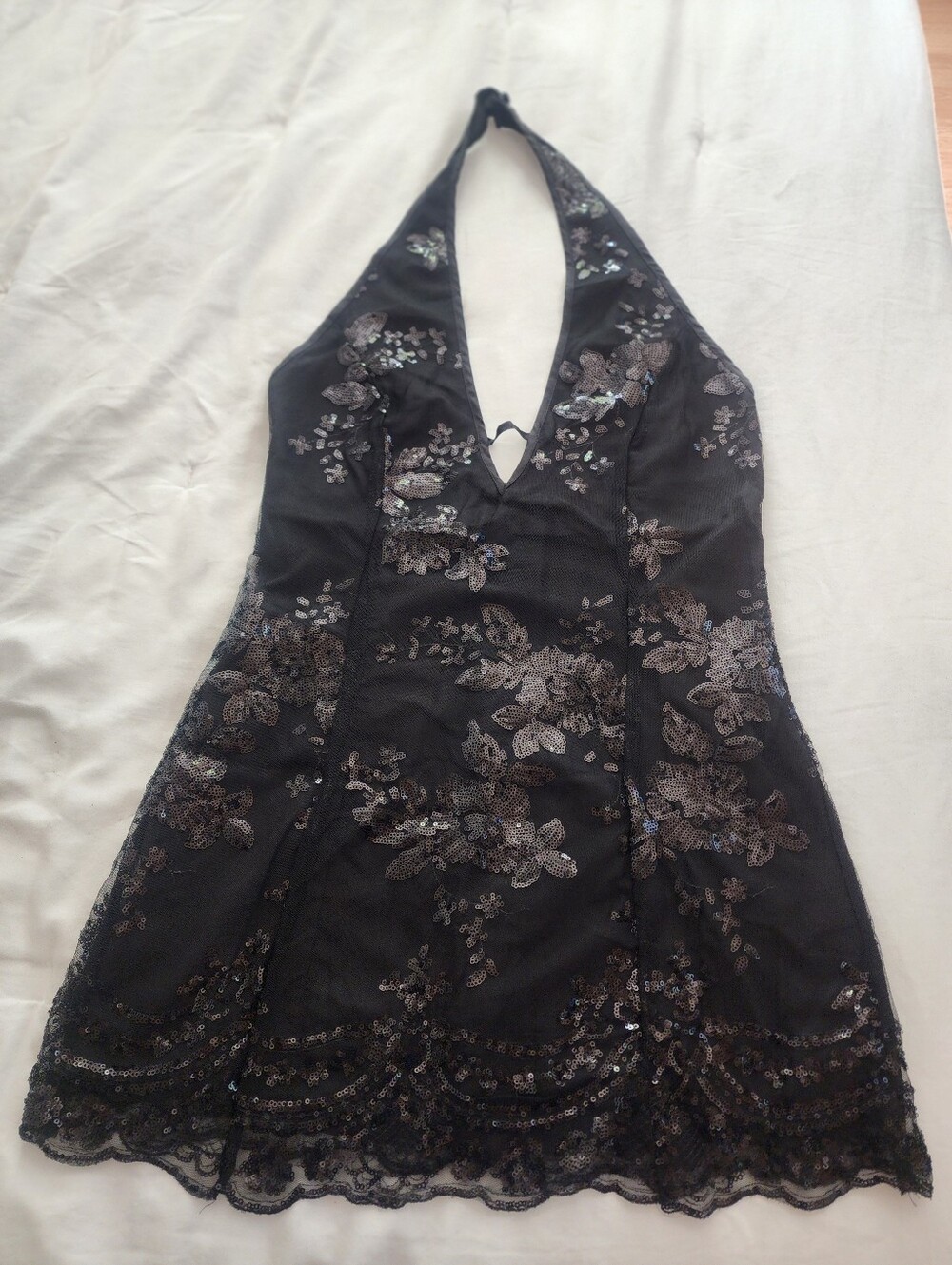 SHEIN Black Halter Sequin Floral Mini Dress